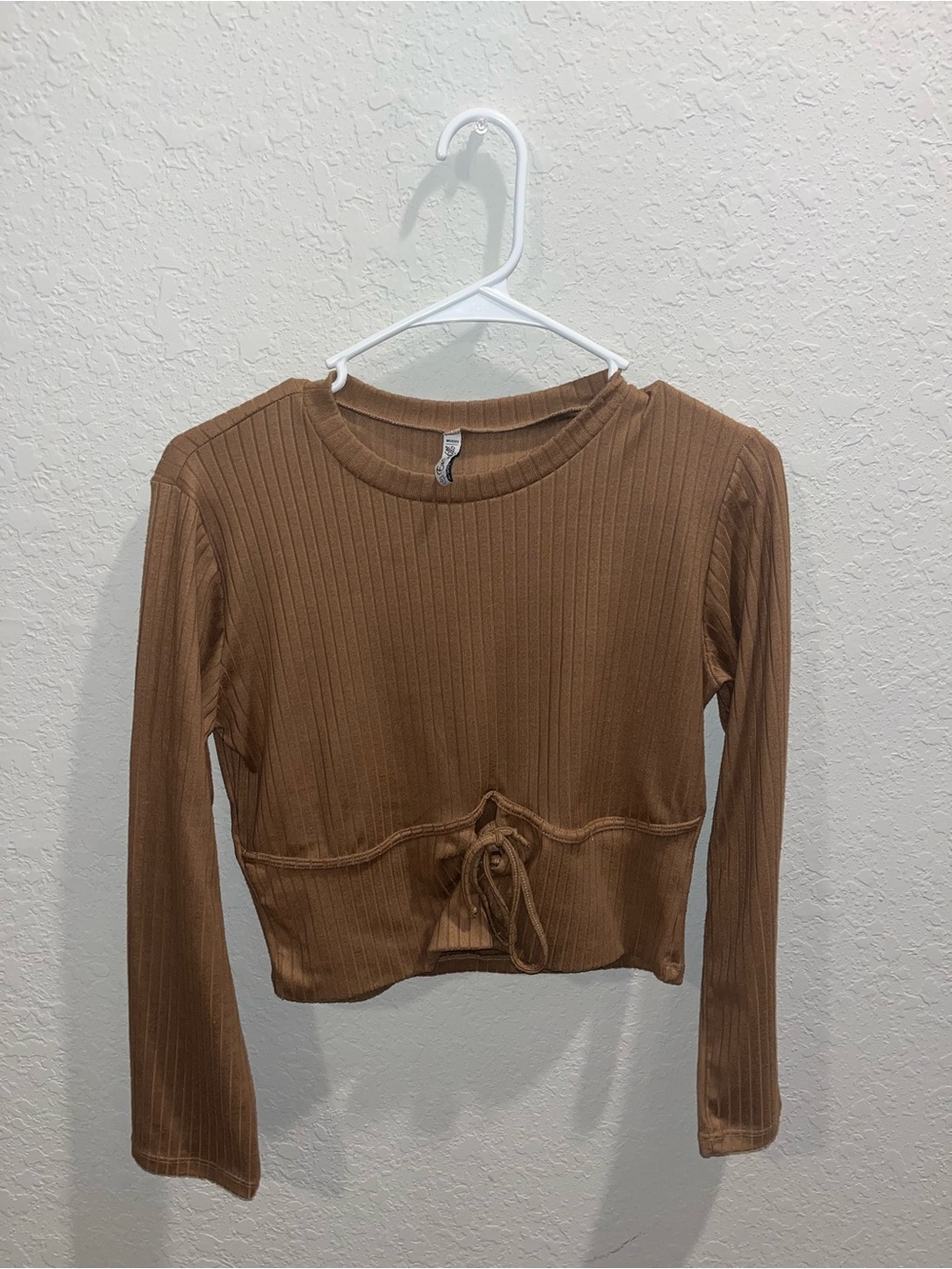 Ribbed Tie-Front Long Sleeve Crop Top - Brown